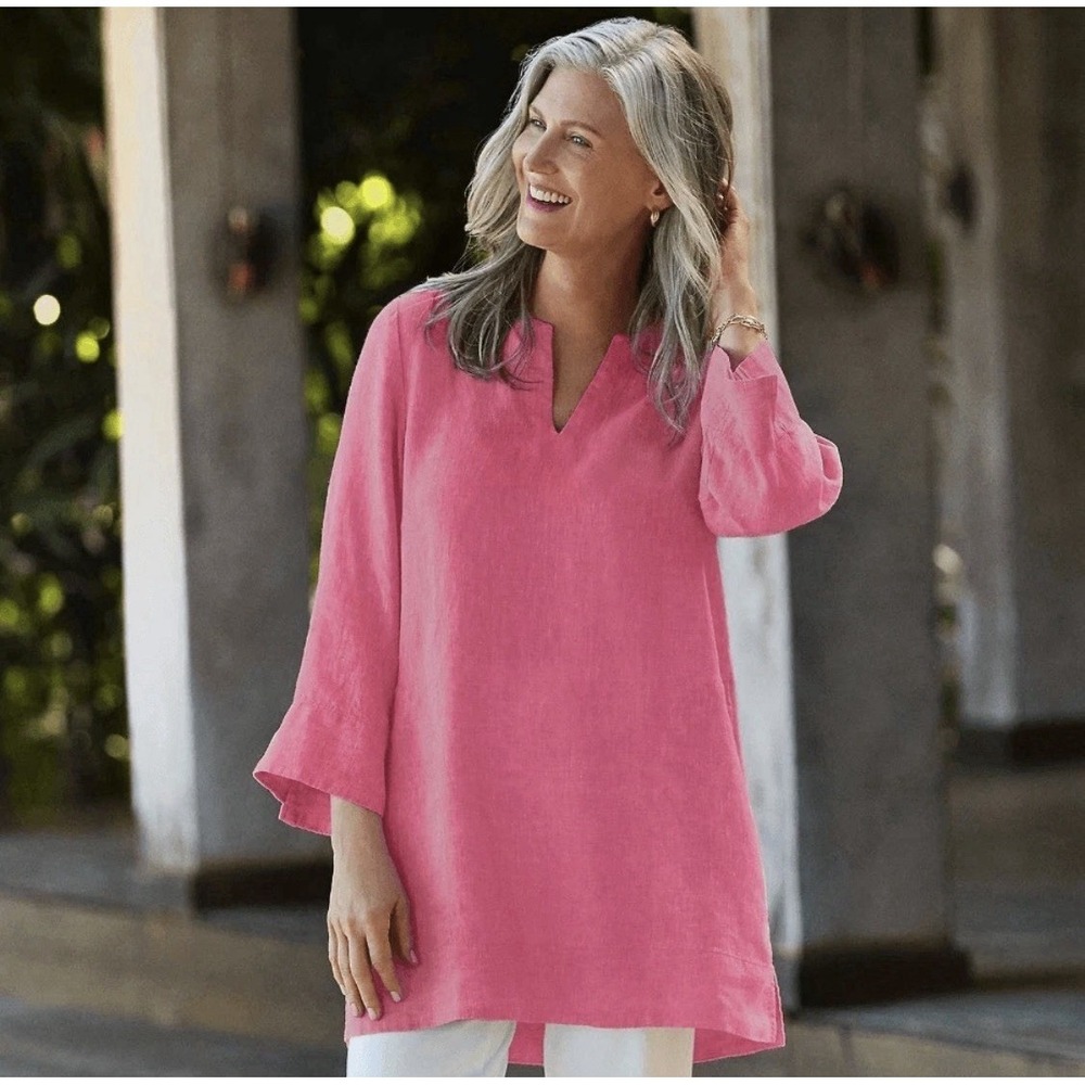 Lands' End Linen Pocket Tunic Women's‎ Pink Popover Lagenlook XL Beach Coastal